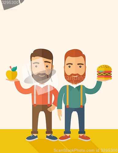 Image of Two businessmen comparing apple to hamburger.
