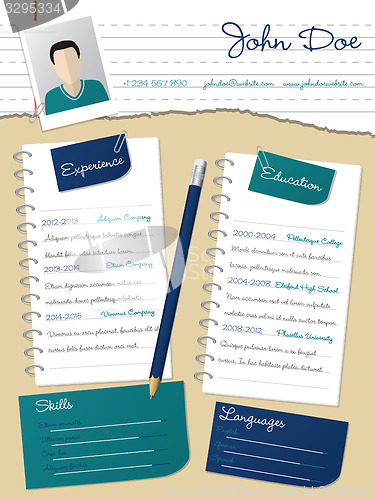 Image of Cool new curriculum vitae resume with notepapers and pencil