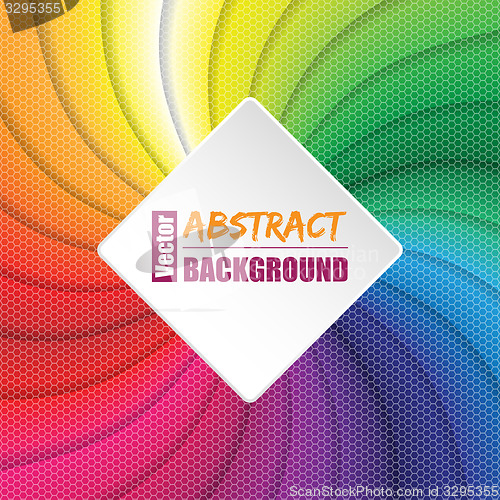 Image of Twirling rainbow square background with hexagon elements