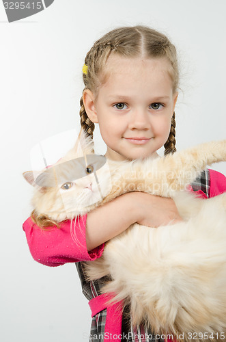 Image of Portrait of cheerful four-year girl with a cat in her arms