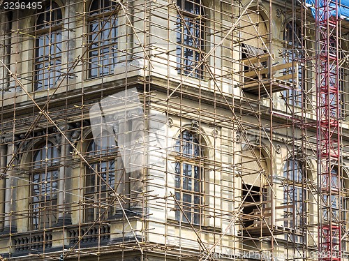 Image of Fragment of scaffolding against house wall in Prague