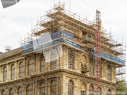 Image of Fragment of scaffolding against house wall in Prague