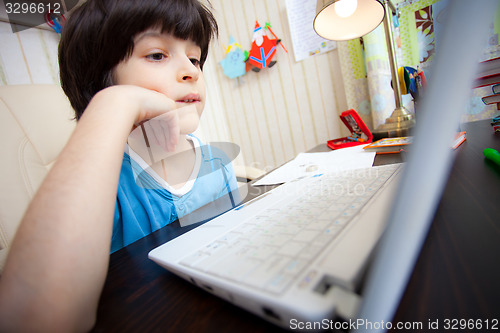 Image of distance learning, a child with computer