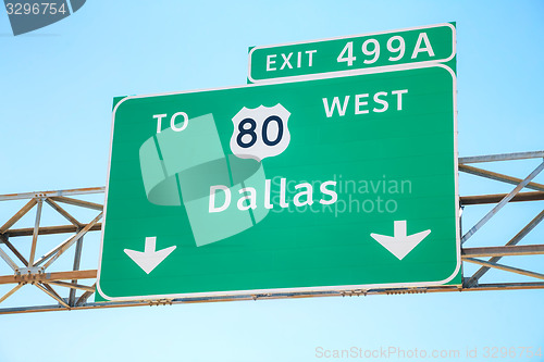 Image of Road sign with the direction to Dallas