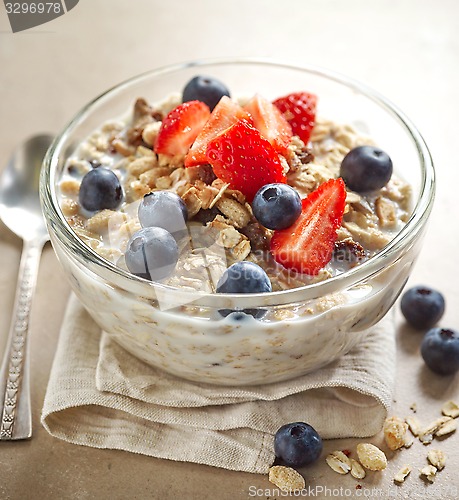 Image of healthy breakfast, bowl of muesli with milk