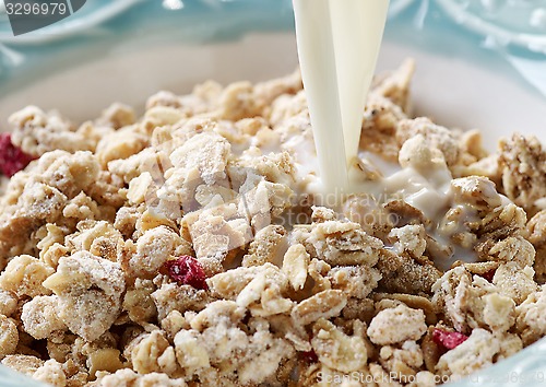 Image of pouring milk into bowl of muesli