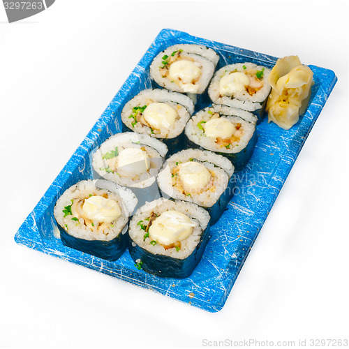 Image of take away sushi express on plastic tray 