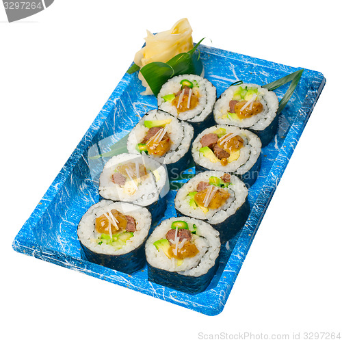 Image of take away sushi express on plastic tray 