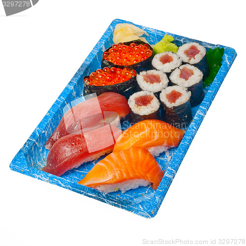 Image of take away sushi express on plastic tray 