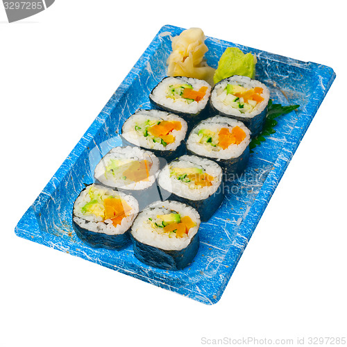 Image of take away sushi express on plastic tray 