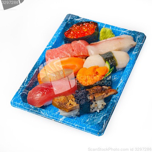 Image of take away sushi express on plastic tray 