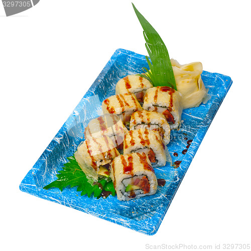 Image of take away sushi express on plastic tray 