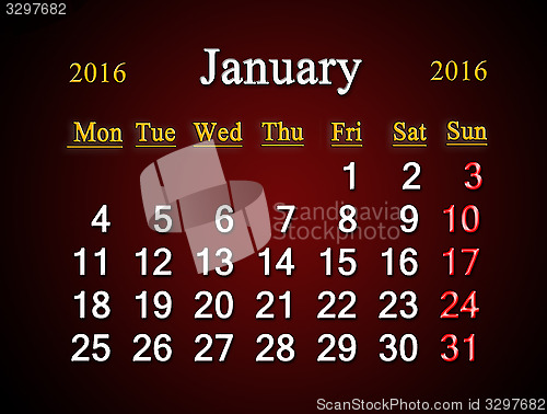 Image of calendar on January of 2015 year on claret