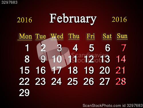 Image of calendar on February of 2016 on claret