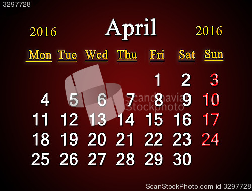 Image of calendar on April of 2016 on claret