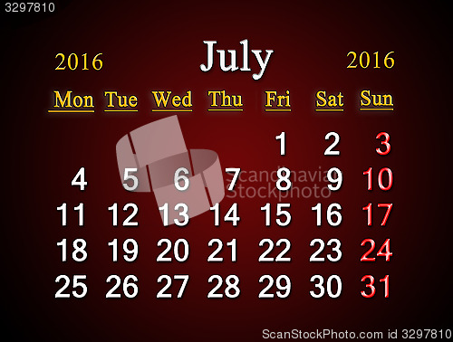 Image of calendar on July of 2016 on claret