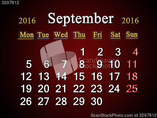 Image of calendar on September of 2016 on claret