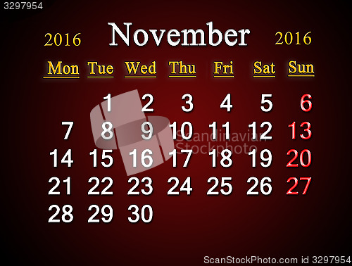 Image of calendar on November of 2016 on claret