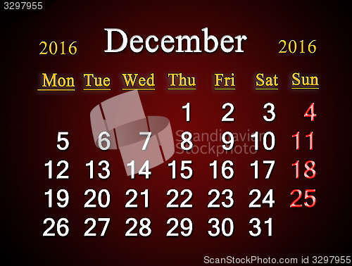 Image of calendar of December of 2016 on claret