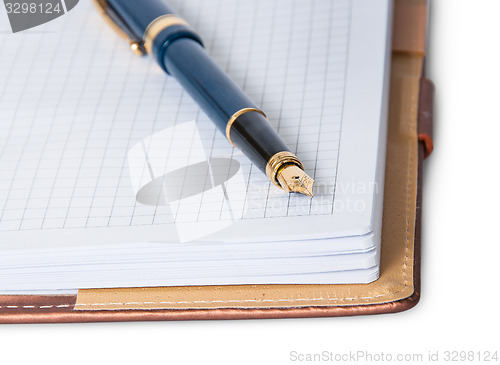 Image of Closeup fountain pen on top of the open notebook