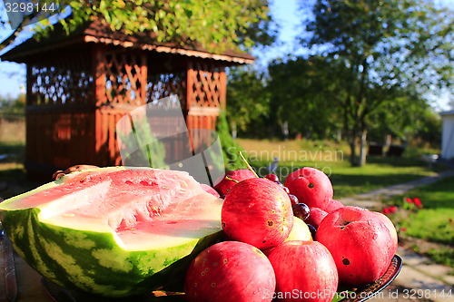 Image of red apples and cut water-melon on the arbor background