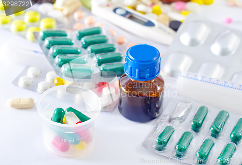 Image of color pills and medical bottle 