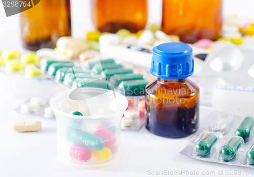 Image of color pills and medical bottle 