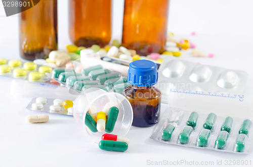 Image of color pills and medical bottle 