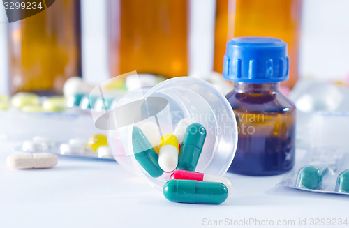 Image of color pills and medical bottle 