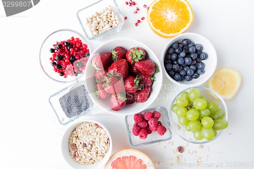 Image of close up of fruits and berries in bowl on table