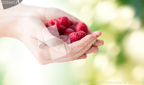 Image of close up of woman hands holding raspberries