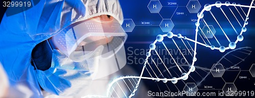 Image of close up of scientist face in chemical lab