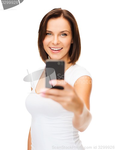 Image of happy woman with smartphone