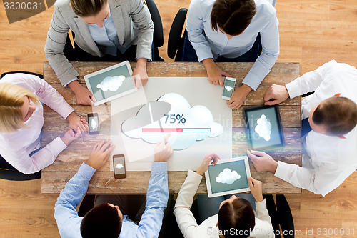 Image of business team with computers cloud computing