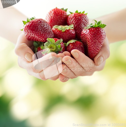 Image of close up of woman hands holding strawberries