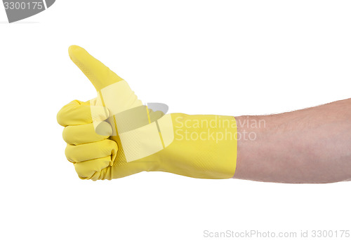 Image of Yellow glove for cleaning show thumbs up