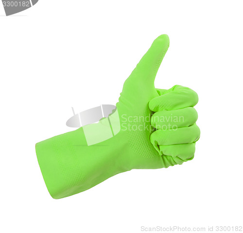 Image of Green glove for cleaning show thumbs up