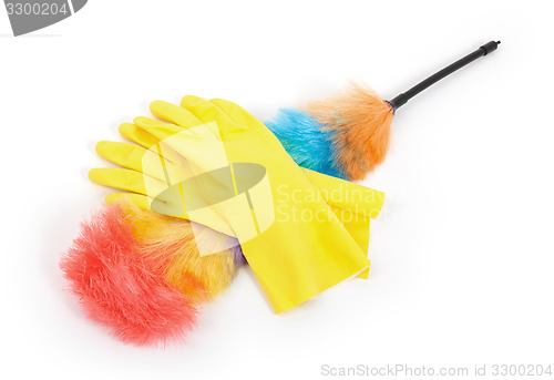 Image of Yellow cleaning gloves with a duster