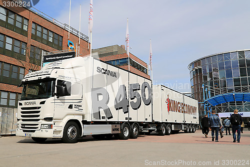 Image of Scania R450 Full Trailer Combination Vehicle on Display
