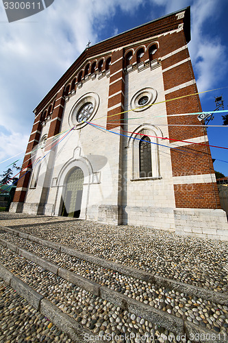Image of  church    the varano borghi  old   closed brick tower sidewalk 