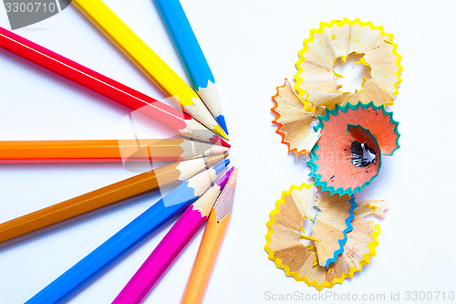 Image of several colored pencils and shavings