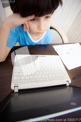 Image of distance learning, a boy with computer