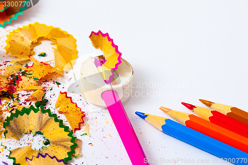 Image of colored pencils, sharpener and shavings