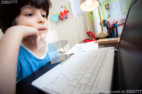 Image of distance learning, a boy with computer