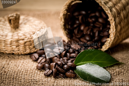 Image of pile of fresh beans and green leaves and spoon in jar