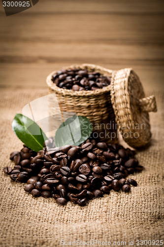 Image of pile of fresh beans and green leaves and spoon in jar