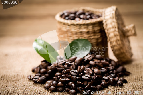 Image of pile of fresh beans and green leaves and spoon in jar