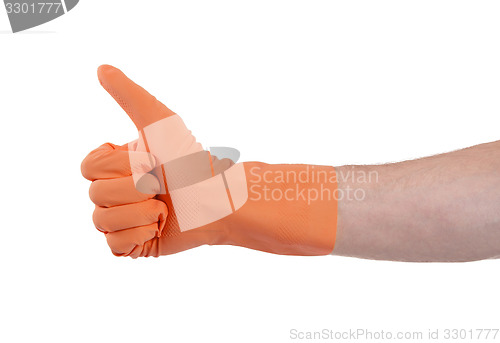 Image of Orange glove for cleaning show thumbs up