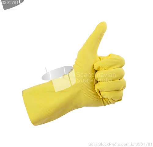 Image of Yellow glove for cleaning show thumbs up