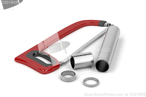 Image of Hacksaw and metal pipes